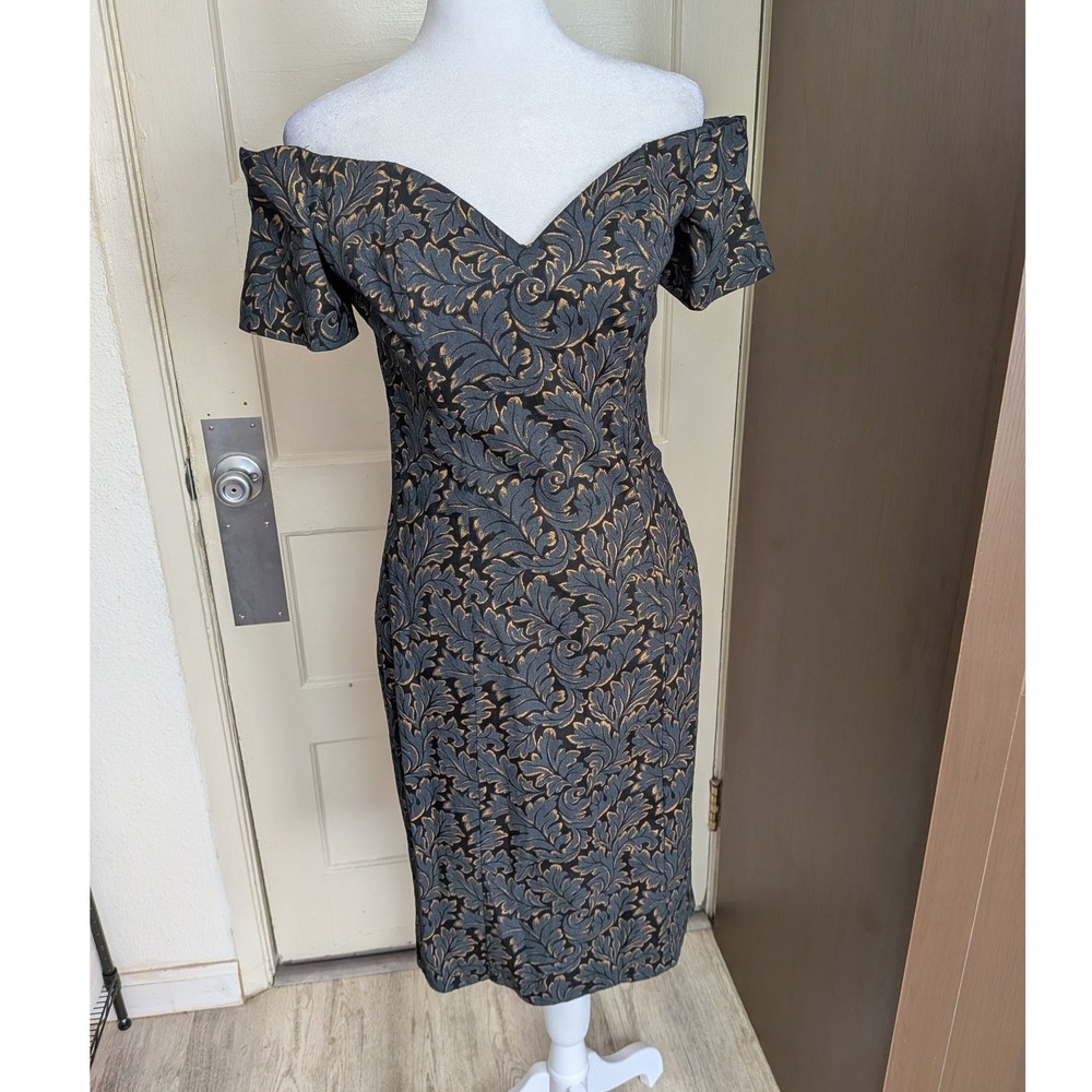All That Jazz 90s Vintage Off Shoulder Brocade Dress Black Gold Size 5/6‎